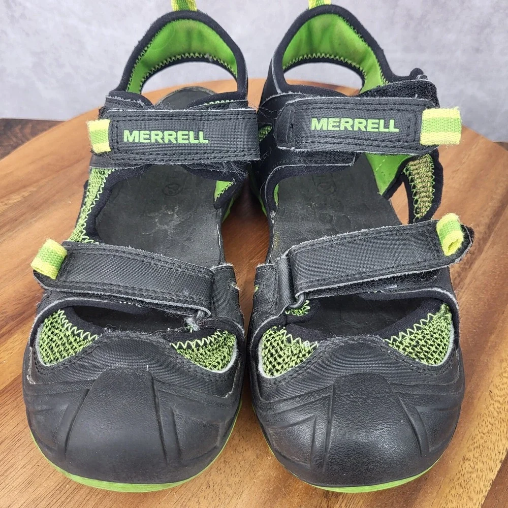Merell Hydro Rapid Shoes Boys 4 M Black Green Leather Water Hiking Sport Sandals